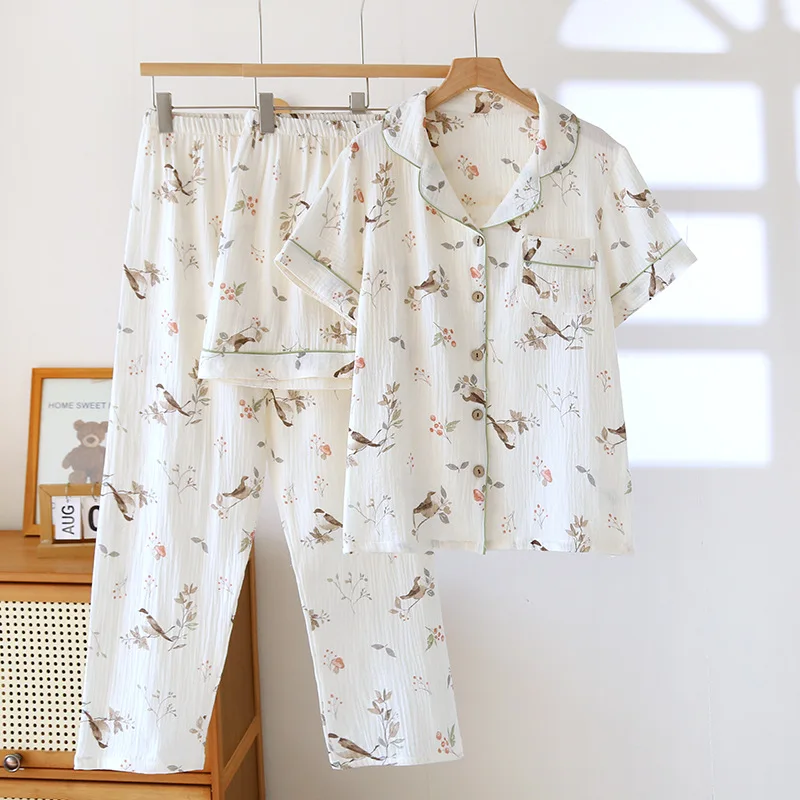 763981-3369c0.jpg 2026 New Spring/Summer Women's Pajama Set 100% Cotton Crepe Cute Thin Short Sleeve+Shorts+Pants Home Clothes 3-Piece Set - Image 1