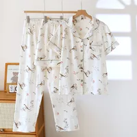 2026 New Spring/Summer Women's Pajama Set 100% Cotton Crepe Cute Thin Short Sleeve+Shorts+Pants Home Clothes 3-Piece Set