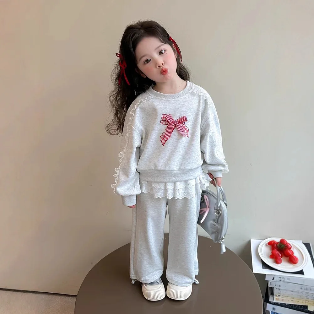 2025 Autumn Children Girls 2 Piece Set Cotton Lace Long Sleeve Red Bow Sweatshirt Suit Loose Kid Girl Grey Sports Pant Tracksuit 1