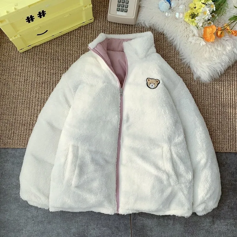 Double Sided Design Pink Student Clothes Coat Cute Embroidery Parkas Coat Women Winter Korean Fashion Thick Loose Warm Jacket