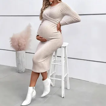 Maternity Long Sleeve Photoshoot Dress Autumn Winter Premama O-Neck Slim Knit Skirt Casual Long Dress for Pregnant Women Clothes