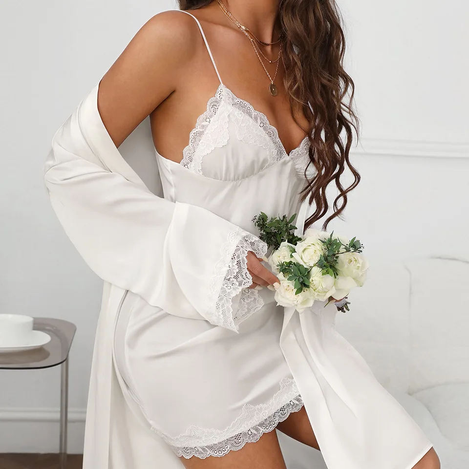 White Silk Satin Robe Set Women Bride Bridesmaid Wedding Robe Sexy Lace  Trim Kimono Bathrobe Chemise Sleepwear Nightie Lingerie - Robes - AliExpress