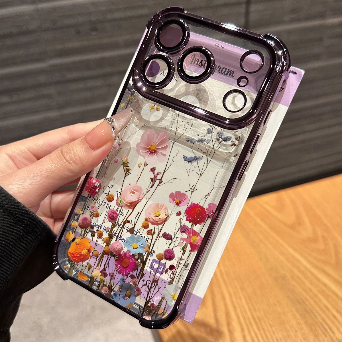 Elegant Flower Print Shockproof Phone Case - Clear Silicone with Plating Finish
