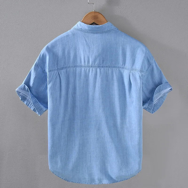 Summer Mens Short Sleeve Denim Shirt Retro Casual Workwear Square Collar Double Pockets Loose Jean Shirts Korean Popular Clothes