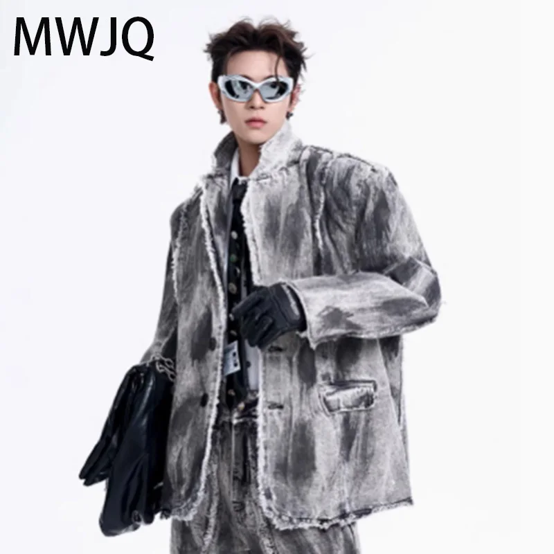 MWJQ Wornout Staining Retro Denim Male Suit Fashion Lapel Single Breasted Rough Edge Hamdsome High Street Tops Spring 010196