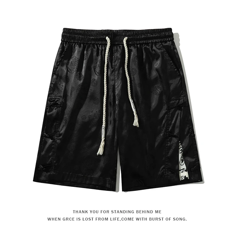 Plate Button Shorts Men's Stylish Flower Print Casual Pants Large Size Splicing Colour-blocking Drawstring Short Pants