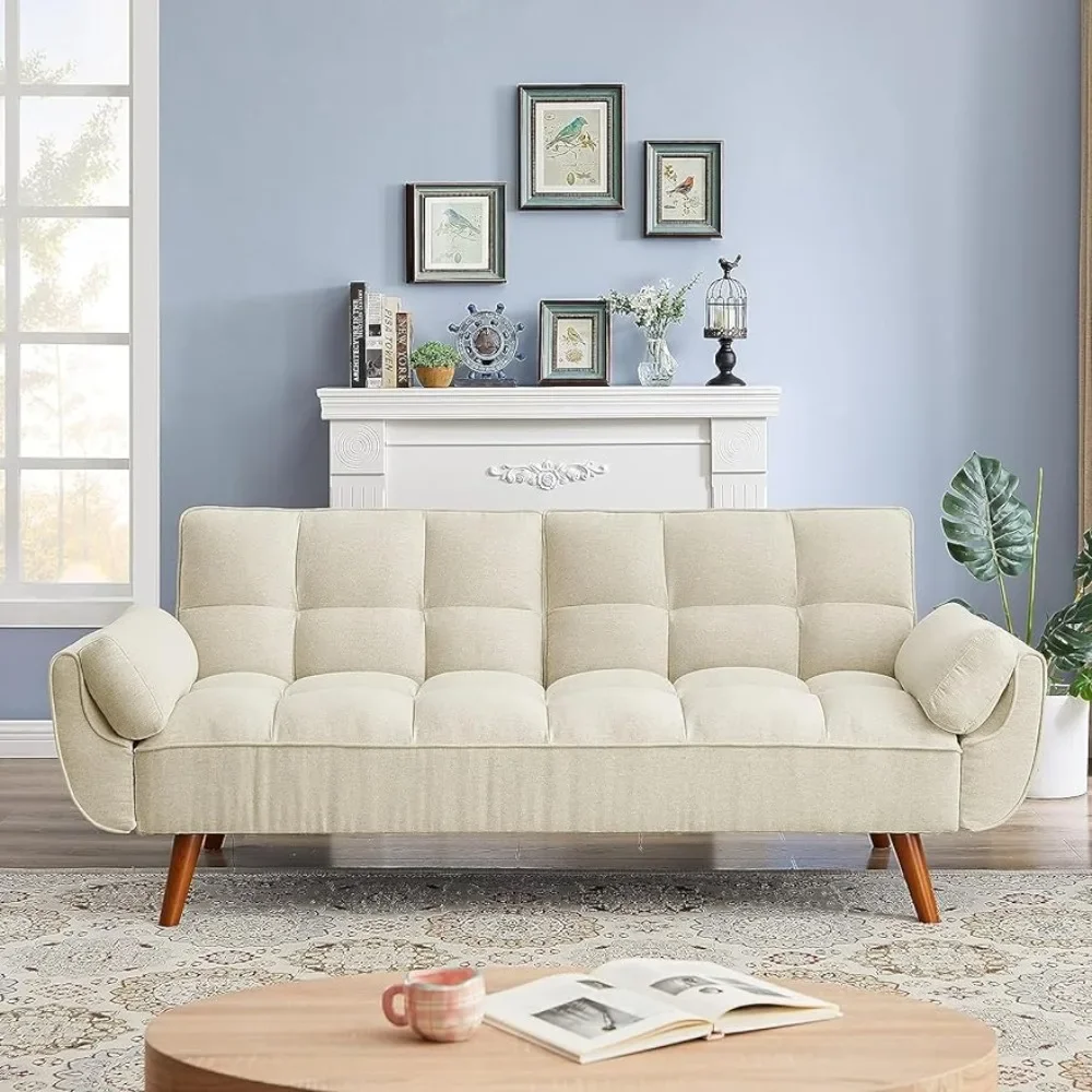 

Modern Convertible Tufted Linen Upholstered Futon Sofa Daybed W/2 Pillows Luxury Sofa in the Living Room Overstuffed Comfy Home