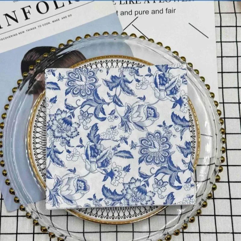 20pcs 33cm 2-Ply Party Decoration Paper Chinese Style Blue Line Drawing Flower Paper Placemats Butterfly Bone Bart