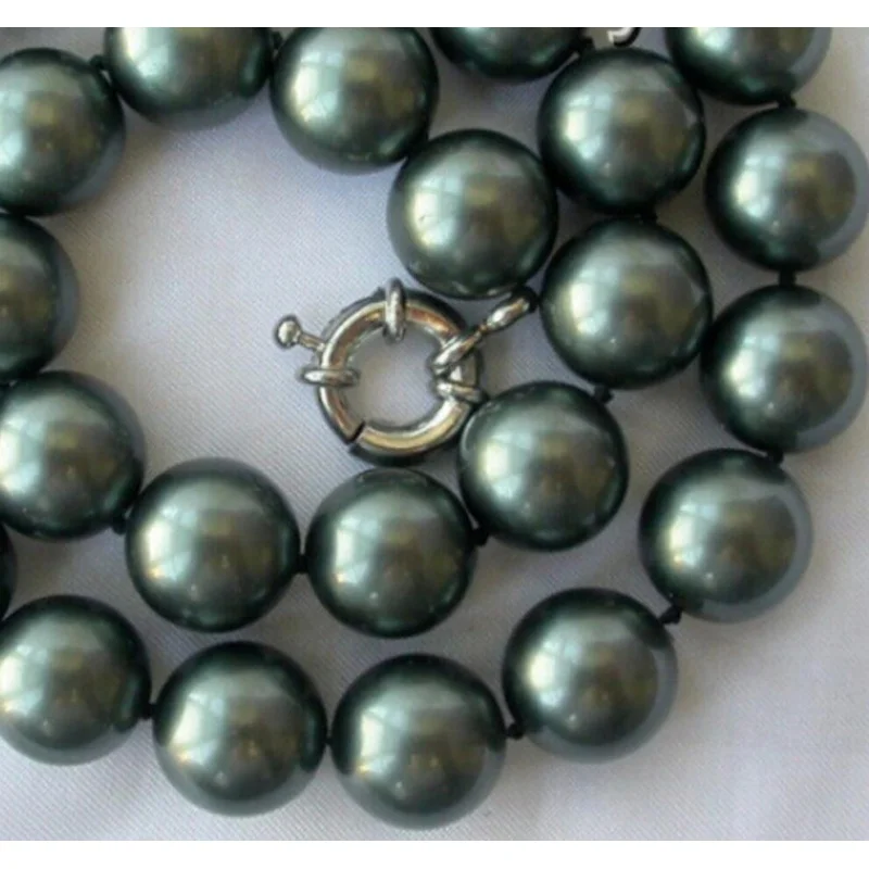 

stunning big 14mm round Tahiti black south sea shell pearl necklace AAA style Fine Noble real Naturally free shipp