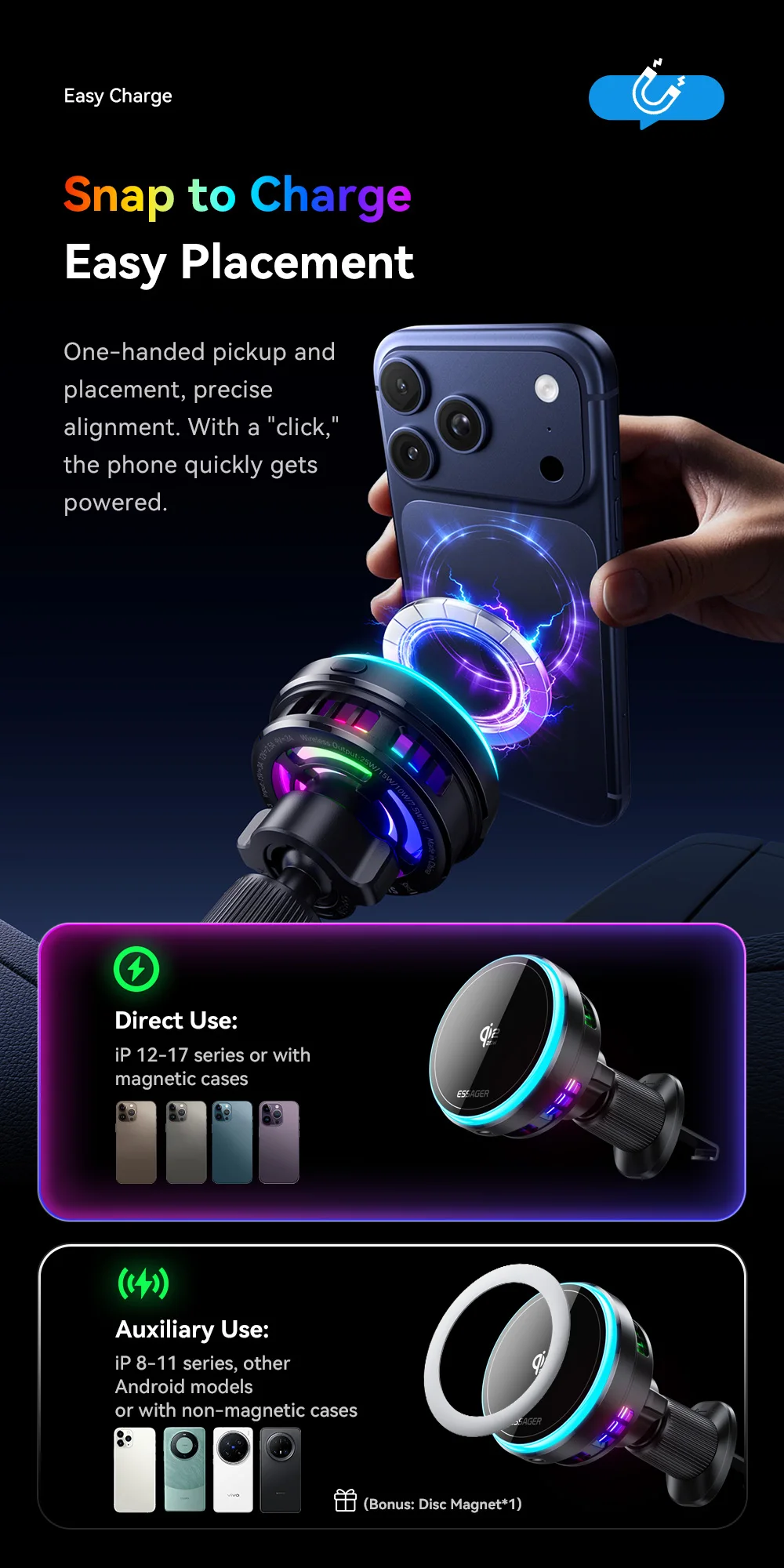 Essager supporto magnetico per auto con caricabatterie wireless e rgb_voghion.com