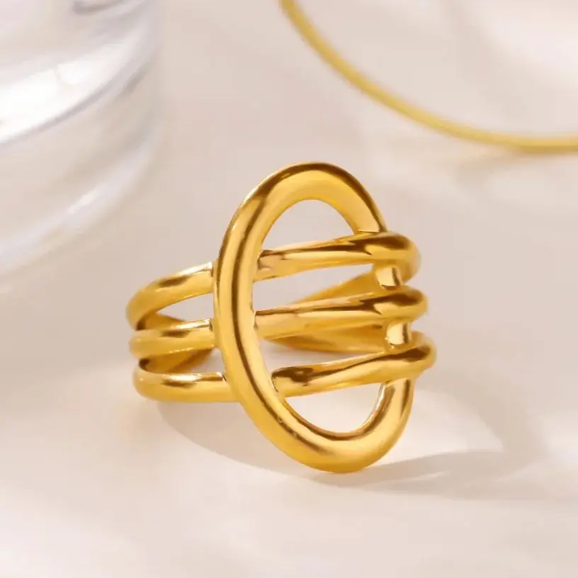 Hand-Wrapped Woven Geometric Ring Stainless Steel Gold for Women