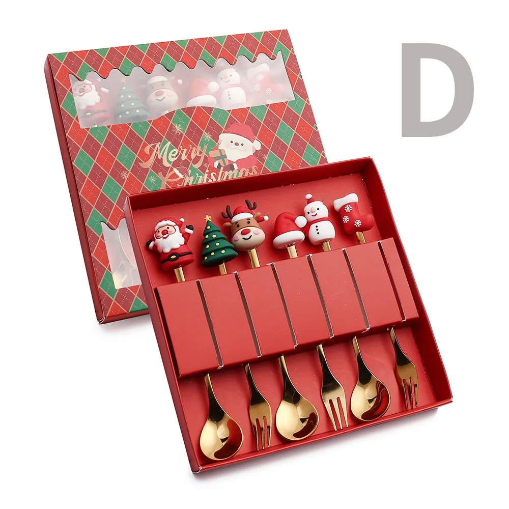 

6pcs/Set Christmas Stainless Steel Spoon & Fork Cartoon Decorated Christmas Tree Dessert Coffee Spoon Fruit Fork Tableware Gifts