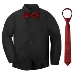 Boys White Long Sleeve Dress Shirt with Bowtie - Formal School Uniform and Ceremony Outfit (Ages 6 to 14) - 14 Years Old (Black 1)