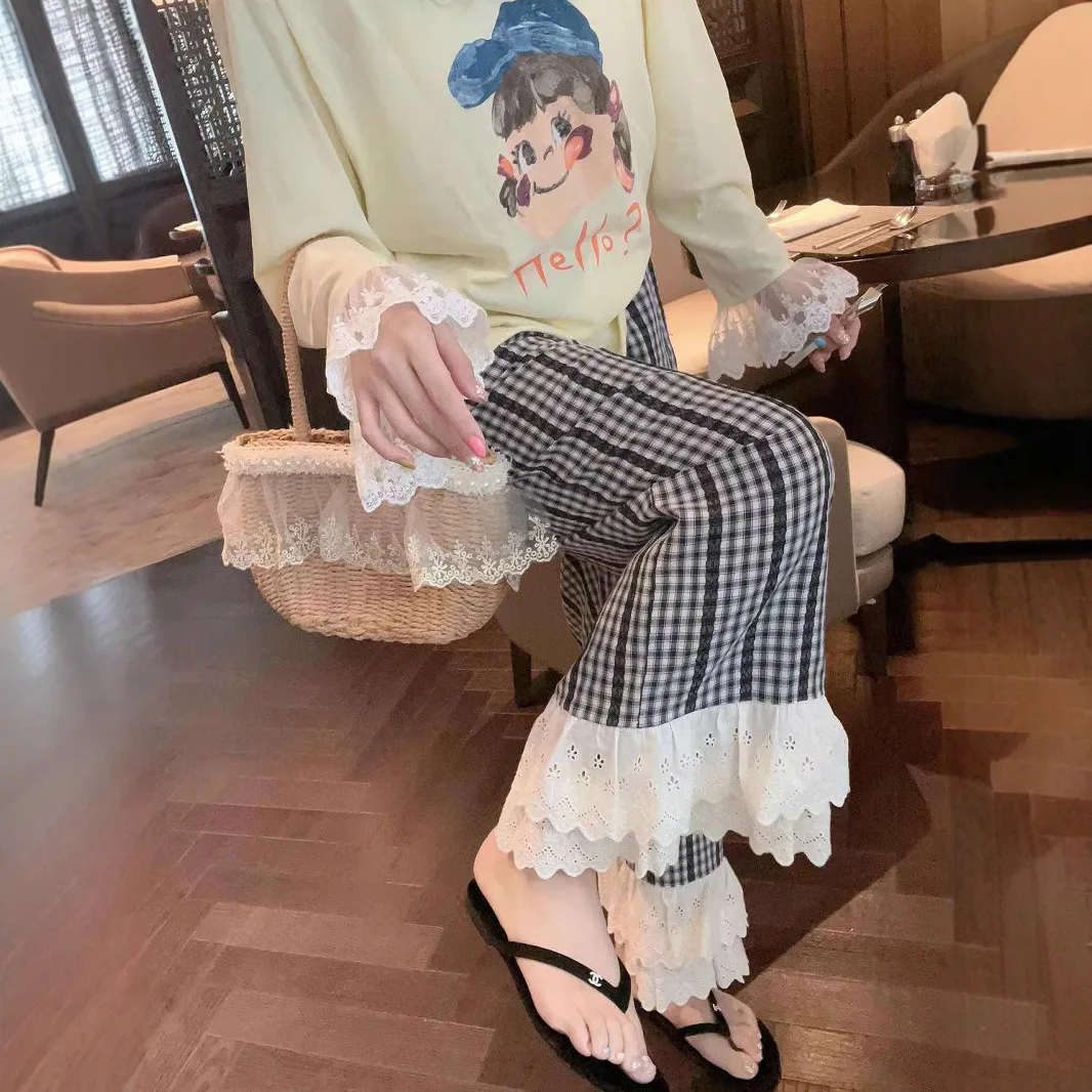 임산부 와이드 레그 팬츠 여름 체크 레이스 트림 스플라이스 드로스트링 허리 스트레이트 컷 통기성 폴리에스터 루즈핏 스트리트 스타일