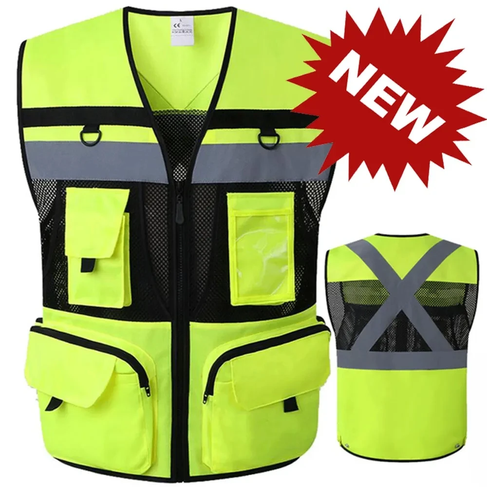 Safety Reflective Vest With Tool Pockets Breathable Work gilet High Visibility Mesh Workwear