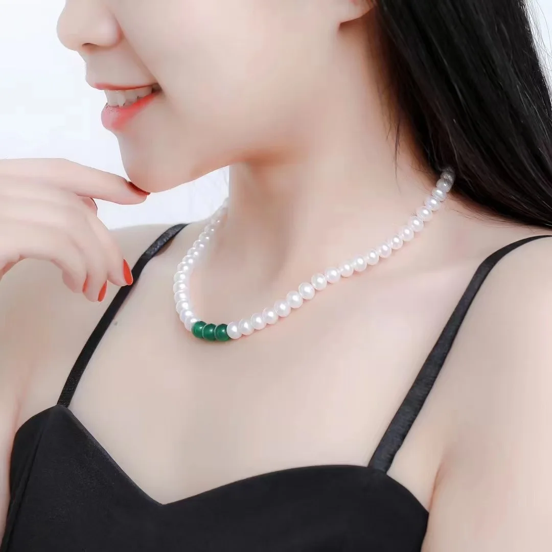 

6-7mm AAA+ South Sea Pearl Necklace 18 Inch Length Customized Near Round High-end Real Natural Green Jade Free Shipping