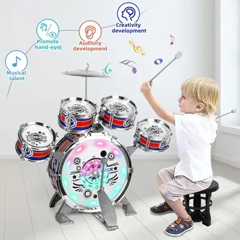Mini Jazz Drum Set 6 Drums with Stool Musical Instruments Toy Birthday Gift for Beginners Boys Girls (with LED Light) 1