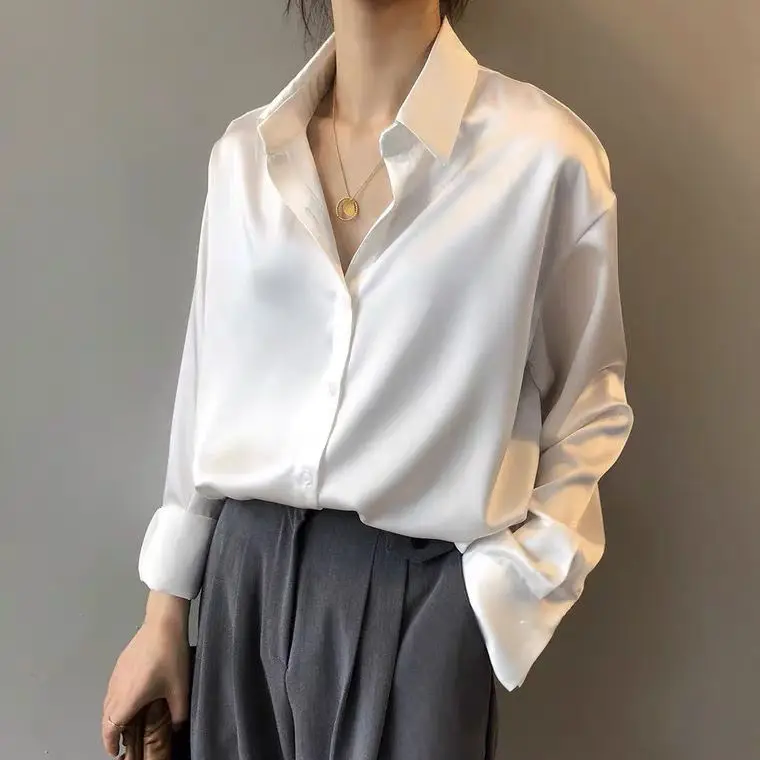 

Spring Fashion Button Up Satin Silk Shirt Vintage Blouse Women White Tops Lady Long Sleeves Female Loose Street Shirts