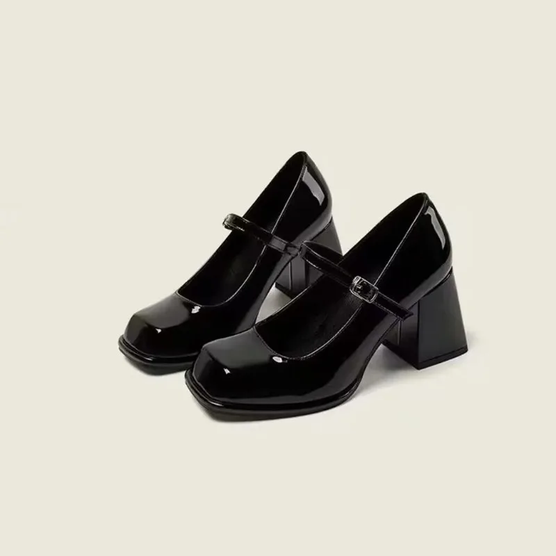 Mary Janes Vintage Black Sandals Woman Buckle Non-Slip Casual Medium Heels Office Ladies Solid Elegant Heels Korean 2023 Summer 3