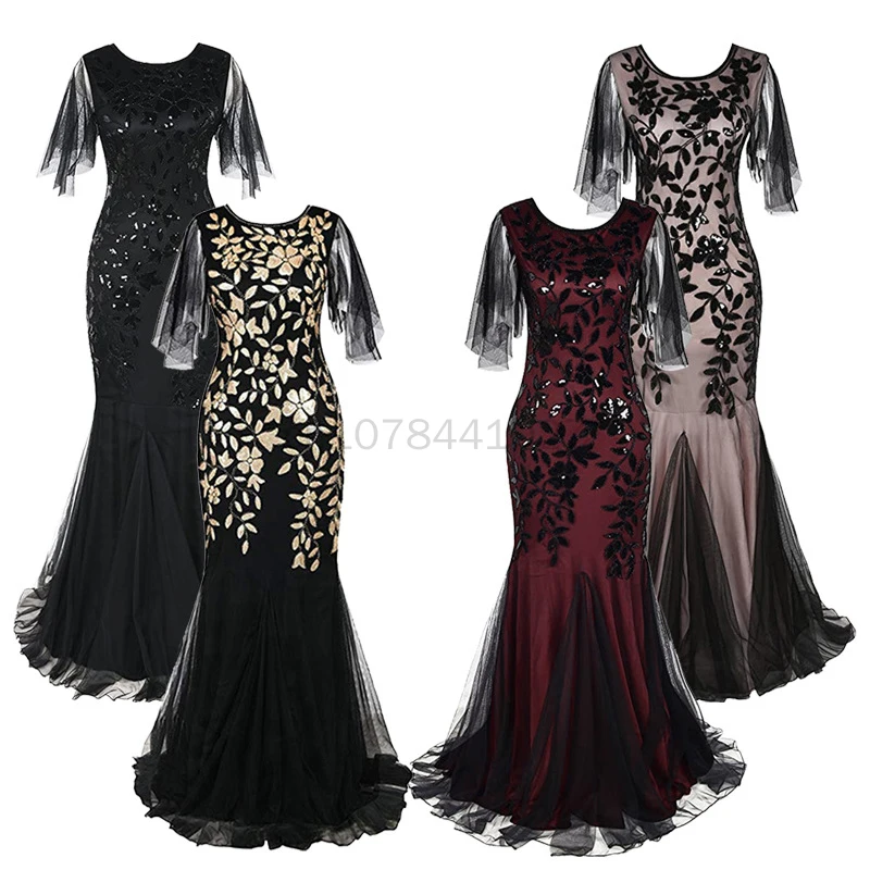 

Women's 1920s Black Sequined Gatsby Extra Long Evening Dress Prom Party Dress Women's Club Dress Evening Dresses Pleated Skirt