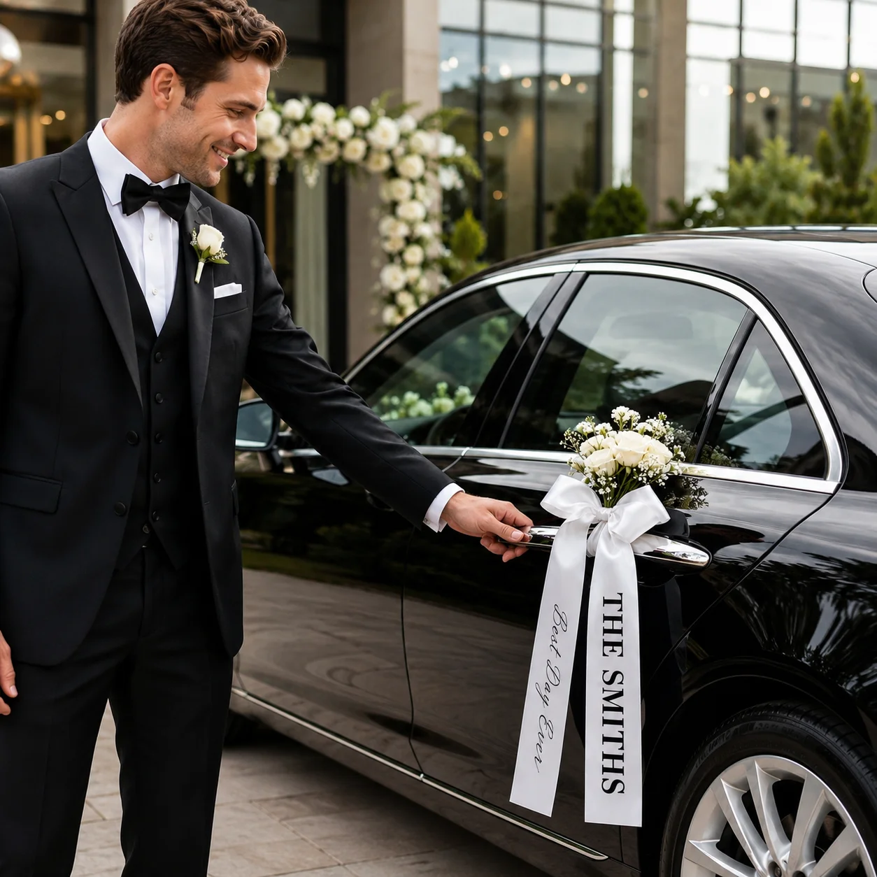 Personalized Wedding Car Ribbon with Custom Text – Elegant Satin Bow Tails for Bridal Decor and Gifts