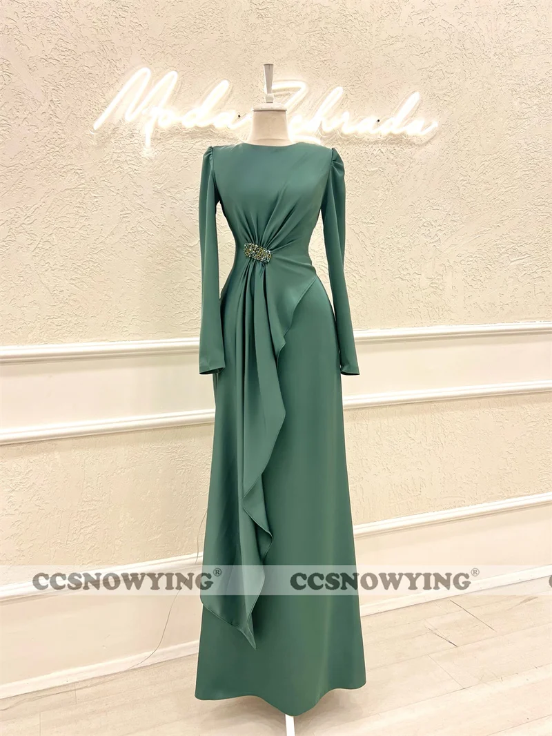 

Muslim Satin Beaded Evening Dresses Islamic Full Sleeve Hijab Formal Party Gown Women Prom Dress O Neck Robe De Soiree