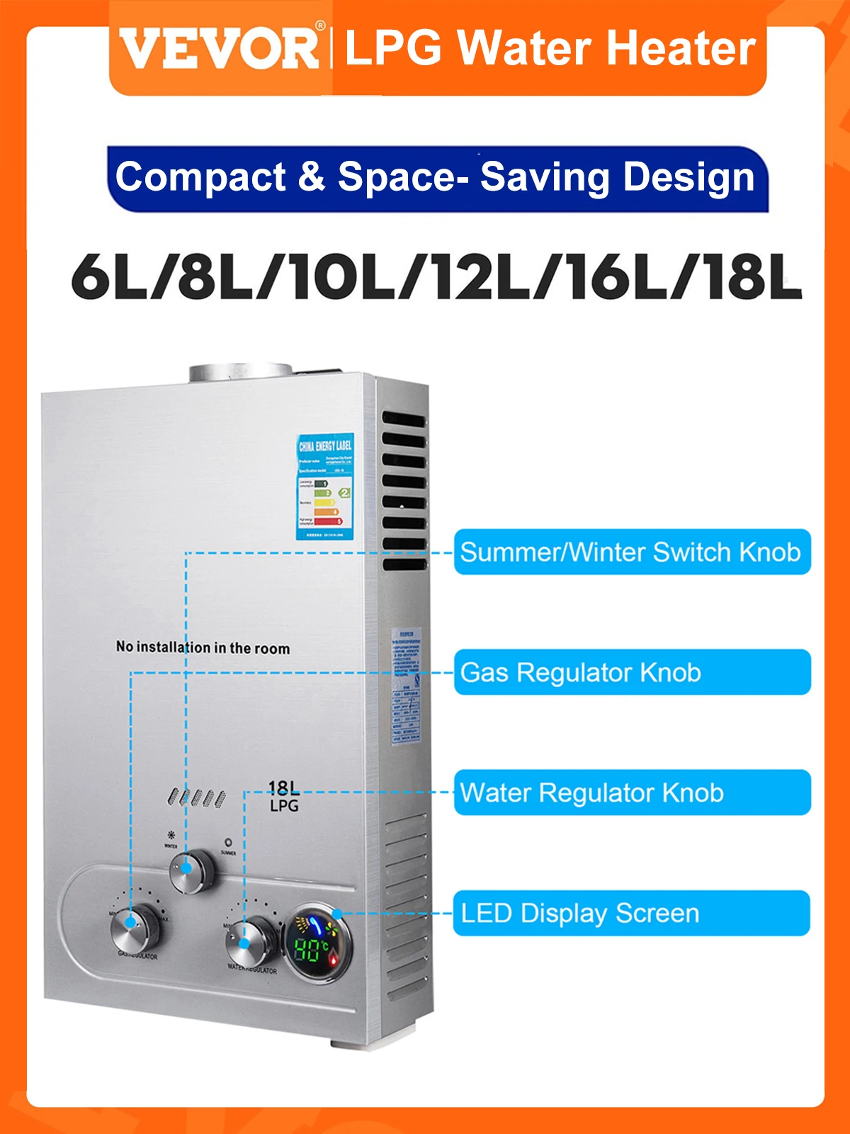 VEVOR 6L/8L/10L/12L/16L/18L Propane Gas LPG Tankless Hot Water Heater  On-Demand Boiler Shower Kit - AliExpress