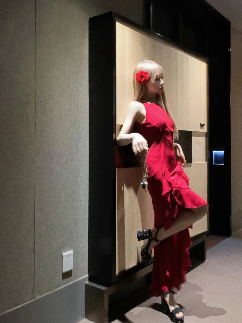 Y2K Red Irregular Womens Dresses Sexy Spaghetti Strap Sleeveless Ruffles Birthday Party Dress Summer Slim Casual Vestidos Mujer