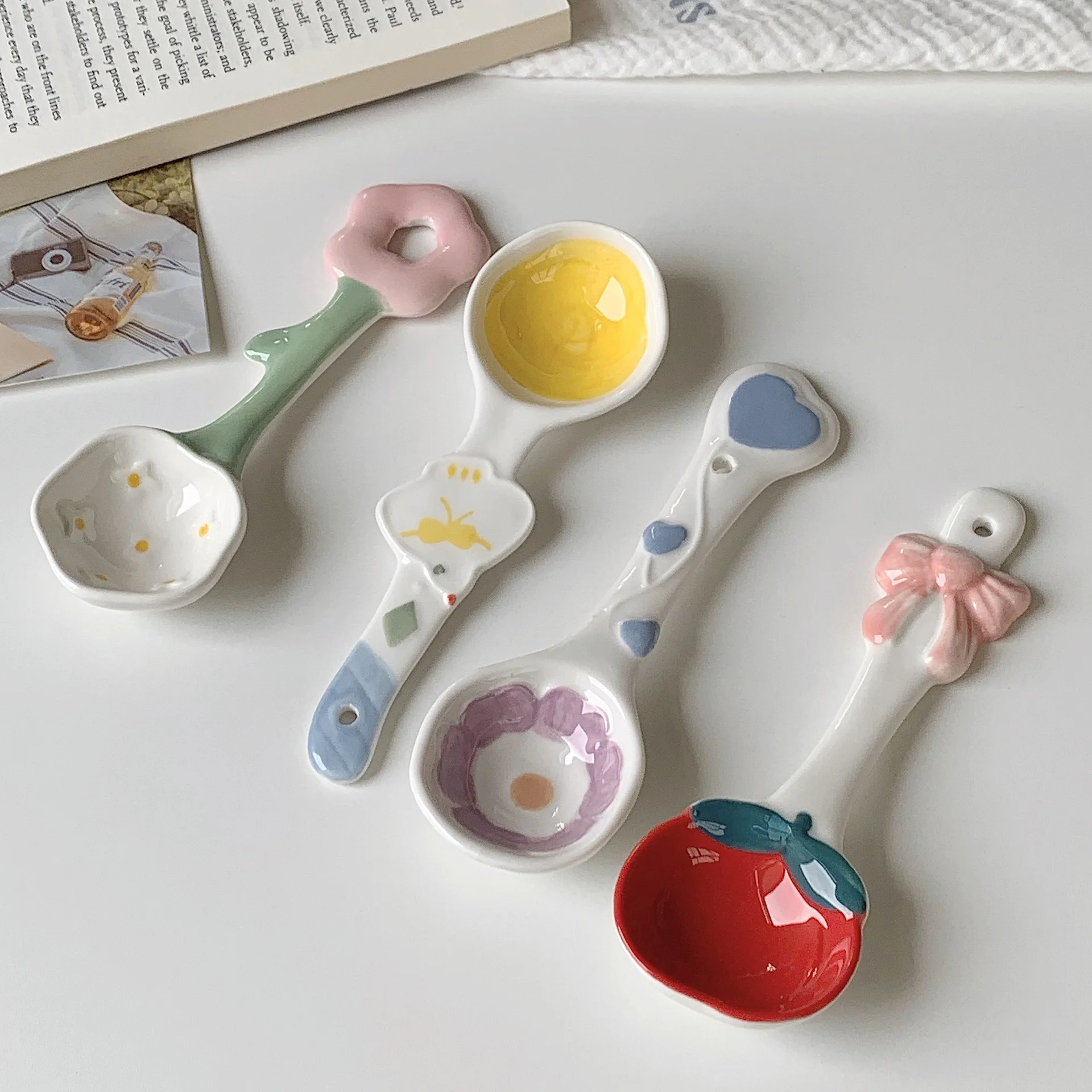 Creative Dessert Spoon Set with Korean Style Ins Ceramic Household Dinnerware, Ice-Cream Coffee Mixing Spoons Kawaii Design