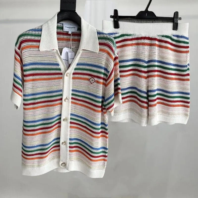 

Y2K Casablanca Sweater High Quality Rainbow Stripe Hollow Out Short Sleeve Set Men Women Casa Knitted Shirts