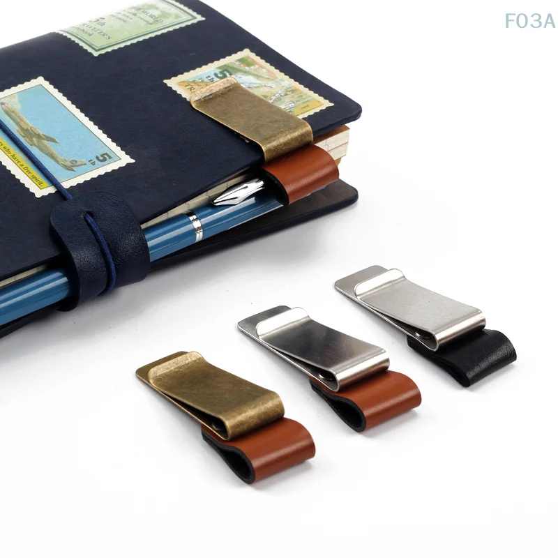 1Pcs Stainless Steel Leather Diary Notebook Folder Brass Paper Clip Pen Holder Handmade Office Supplies