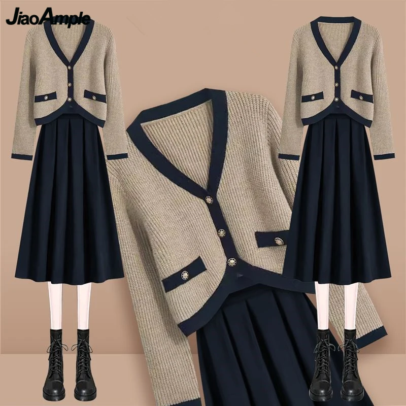 Women 2023 Autumn New Knit Coats Skirts 1 or Two Piece Set Korean Lady Chic Short Sweater Cardigan Skirt Outfits Knitwear Female