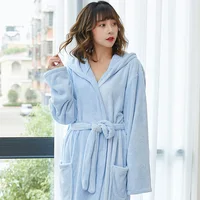 Coral Velvet Bathrobes for Women Long with Hood Autumn Winter Solid Plush Microfiber Bath Robe Sleepwear Home Bathroom Clothes 3