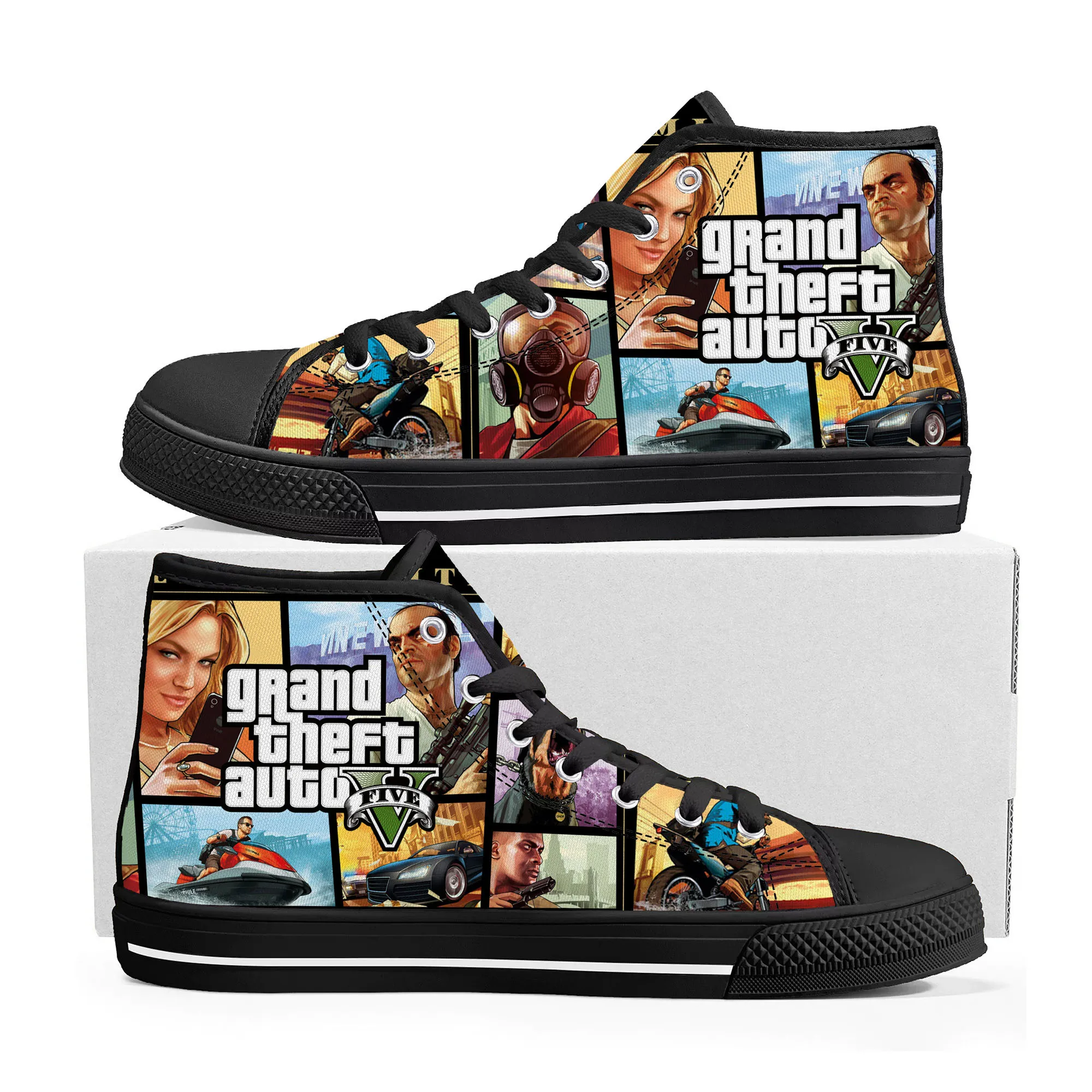 Hot Anime Cartoon Grand Theft Auto GTA V 5 High Top Sneakers Mens Womens Teenager Canvas Sneaker Casual Couple Shoes Custom Shoe