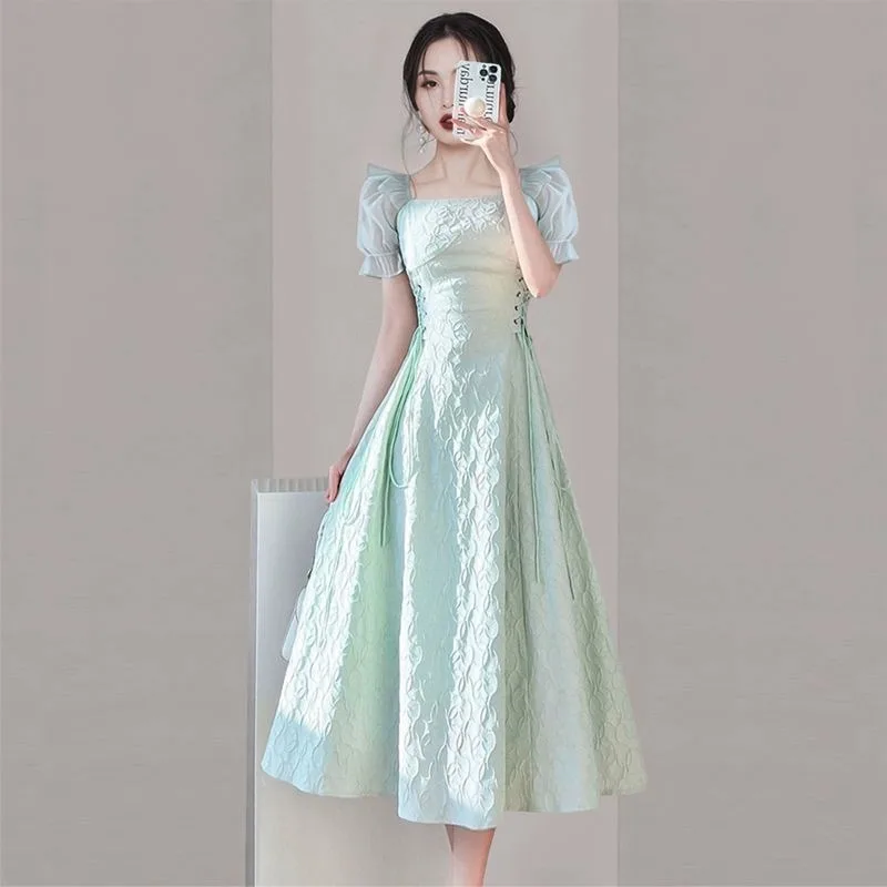

France Summer Puff Sleeve Ball Gown Dress 2023 New Fashion Women Square Collar Ruffles Drawstring Waist Office Long Vestidos