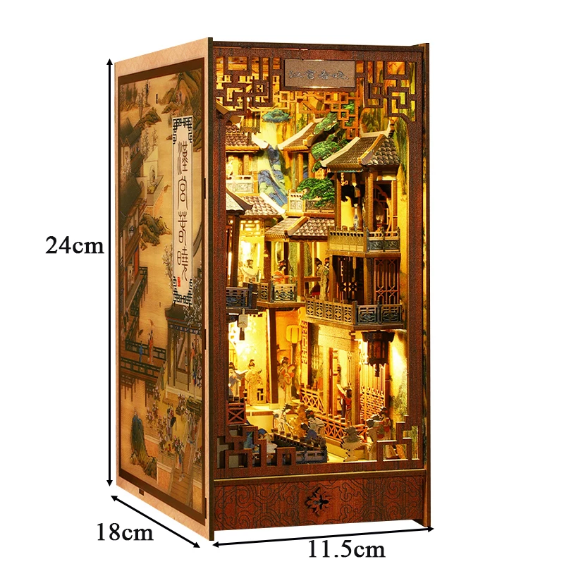 DIY Book Nook Wooden Miniature Model Kit Chinese Ancient Town Bookend Assembled 3D Puzzle Bookshelf Home Decor Friends Gifts 6