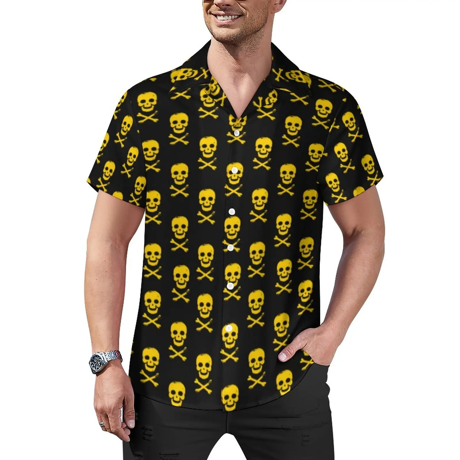 

Sugar Skull Print Casual Shirt Yellow Skulls Beach Loose Shirt Hawaiian Trending Blouses Short-Sleeved Design Oversized Clothing