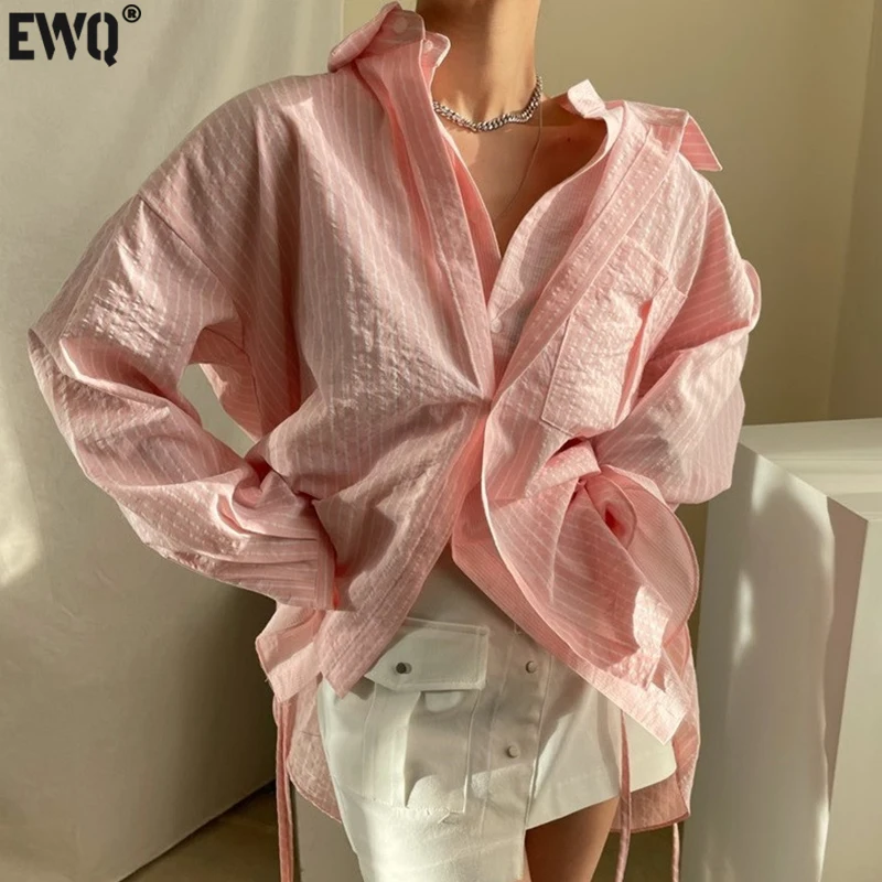 

Женская блузка с длинным рукавом [EWQ], белая Повседневная однобортная Асимметричная блузка с отложным воротником и длинными рукавами в полоску на шнуровке 8P055, весна 2023