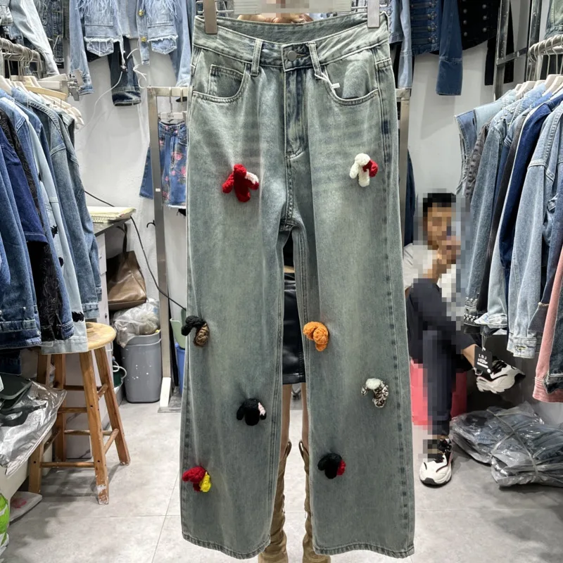 2024-spring-new-long-jeans-for-women-loose-slim-design-fashionable-small-doll-decoration-trendy-wide-leg-pants