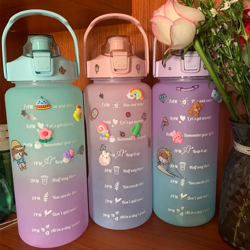 

2 Liters Water Bottle Motivational Drinking Bottle Sports Water Bottle With Time Marker Stickers Portable Reusable Plastic Cups