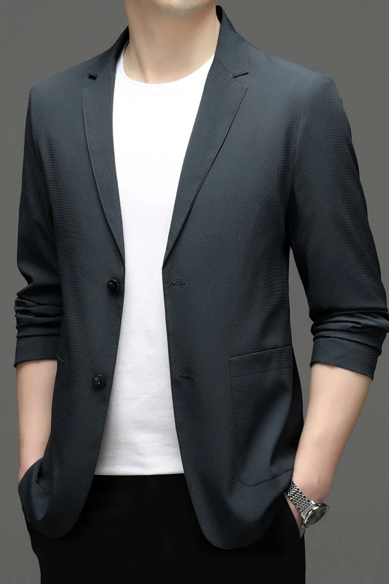 thumbnail image 1 of Traje de ocio para hombre, primavera y verano, sin planchado, informal, de negocios, coreano, abrigo para jóvenes de mediana edad, drapeado, genuino, parte superior fina, 1 of 5