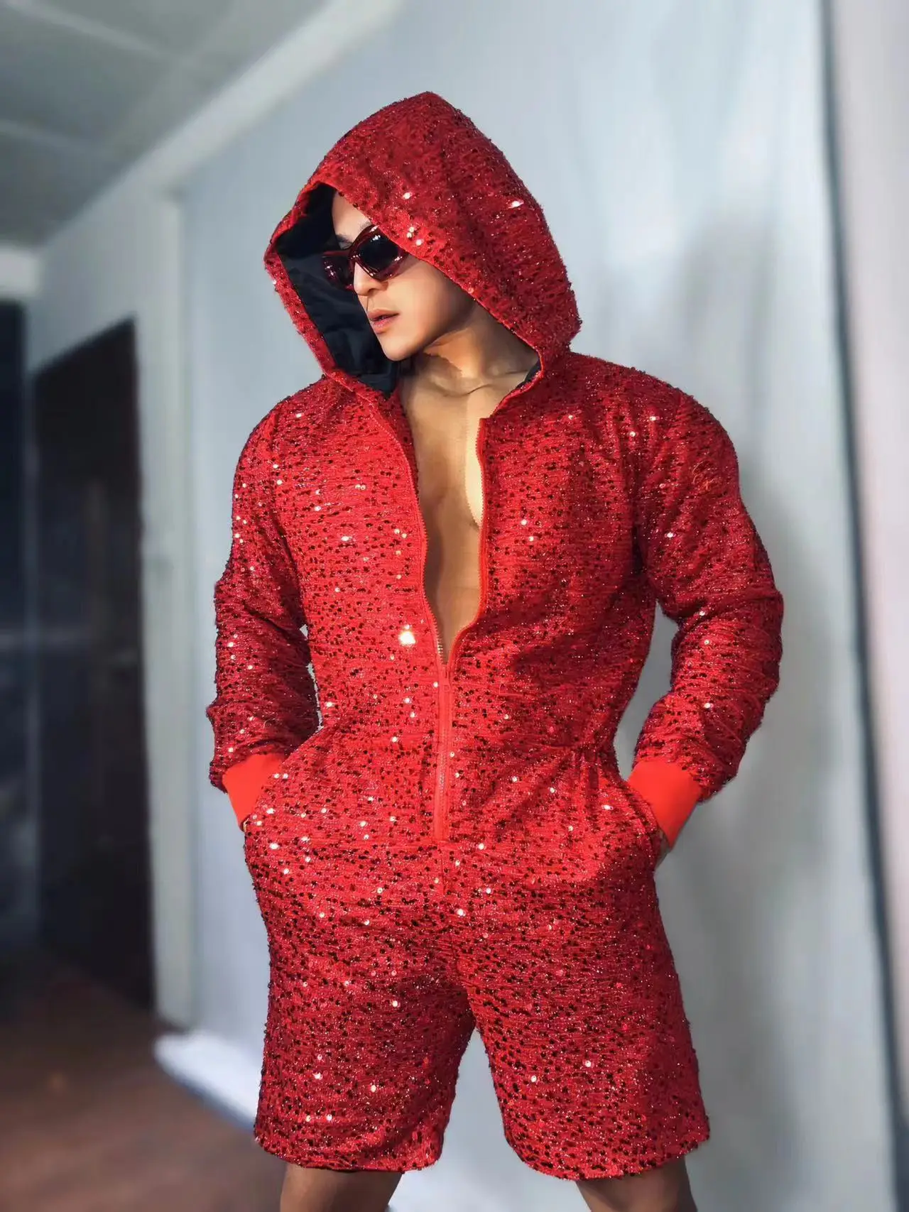 Men Red Sequins Hooded Jumpsuit Hip Hop Dance Team Singer Dancer - Main Image