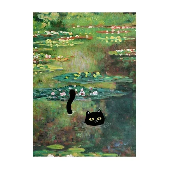 Whimsical Starry Night Cat Canvas Art - Colorful Abstract Floral Decor