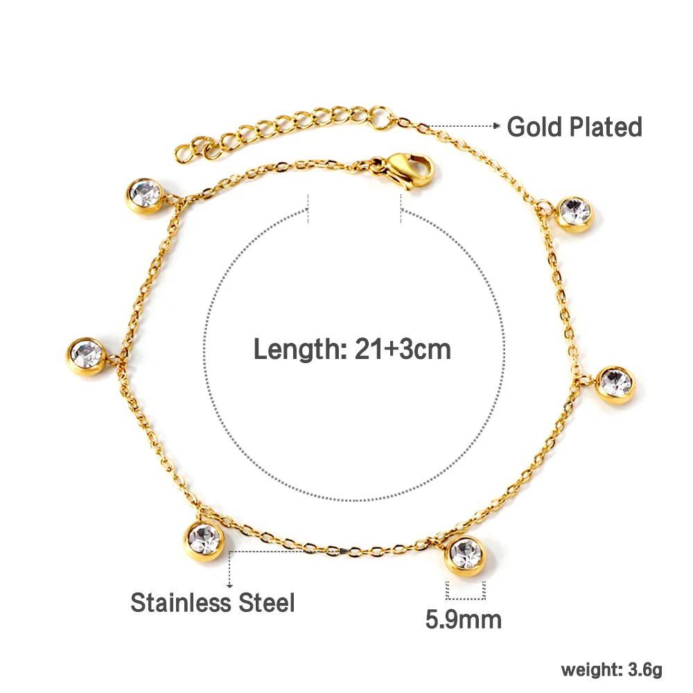 LUXUSTEEL 여성용 스테인레스 스틸 발찌, 금도금 라운드 CZ 크리스탈 라인석 참, 알레르기 없는 발 체인, 비치 쥬얼리