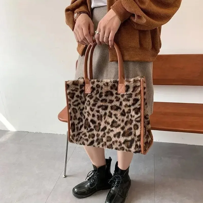 Winter Autumn Faux Fur Leopard Print Designer Shopper Totes Fashion Soft Women Shoulder Bags Large Capacity Handbag