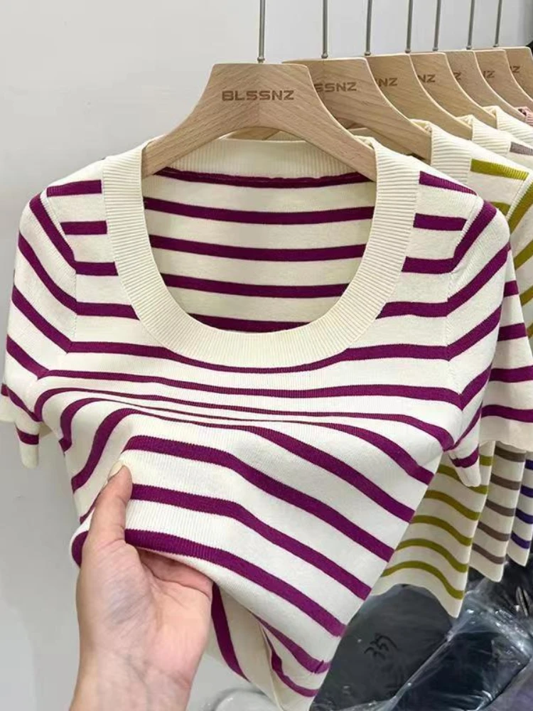 امرأة الملابس مخطط تي شيرتات قصيرة الاكمام سليم صالح القمم أنثى س الرقبة محبوك غمد تي شيرت الشارع ارتداء الجنس رياضي Y2K جديد 4