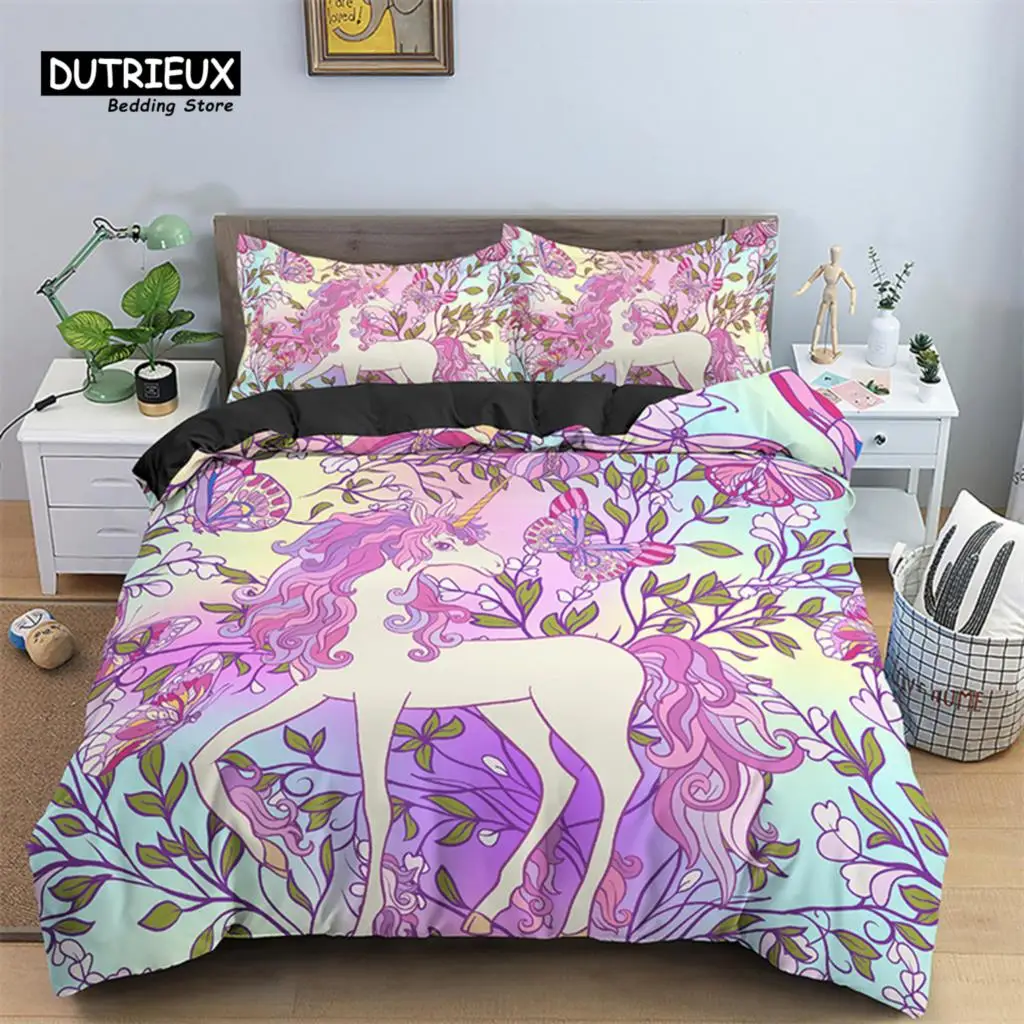 

Girls Unicorn Flower Duvet Cover Cartoon Bedding Set Microfiber 3D Print Comforter Cover King Full For Kids Teen Bedroom Decor