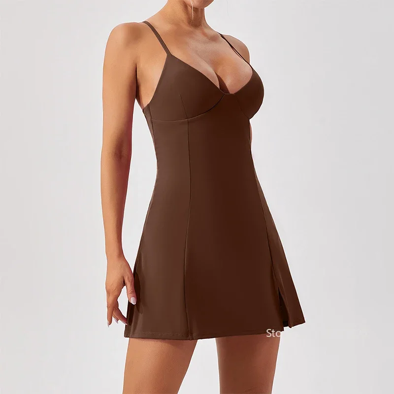 Women Outdoor Sports Tennis Dress Ladies Sexy Straps Yoga Dress Female Casual with Shorts Sports Slip Skirts Backless Sportswear