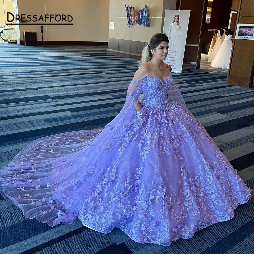 Lilac Sweet 16 Quinceanera Dress with Cape Off Shoulder Butterfly Appliques Princess Party Gown Vestidos De 15 A&ntilde;os