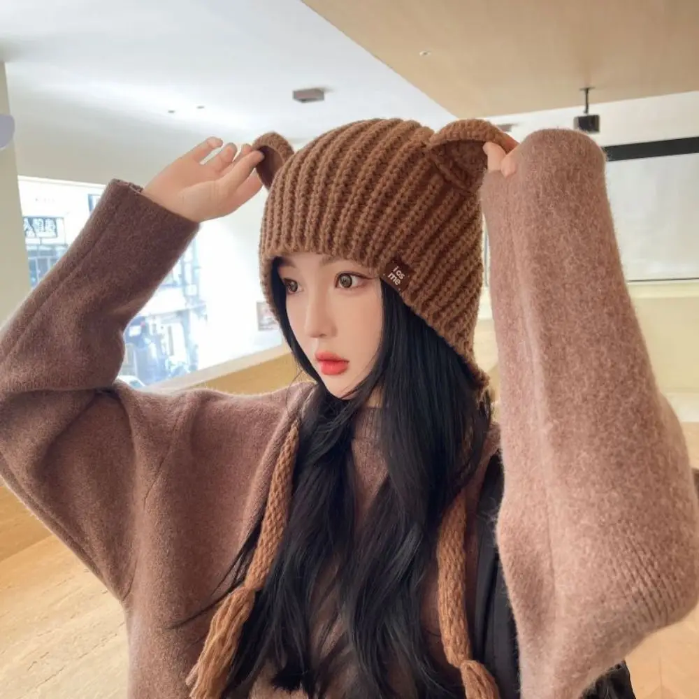 귀 보호 곰 귀 니트 모자 바람막이 한국 스타일 겨울 봄버 모자, 심플한 올 매치 고양이 귀 니트 비니 야외